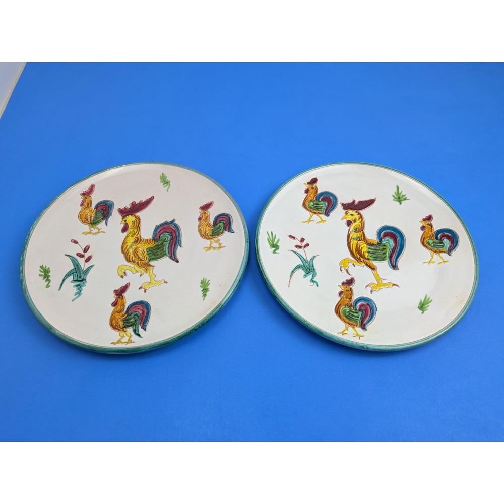 Game Chicken Rooster Cake Plate Set of 2 7-3/4” Cockfighting Dishes Italy